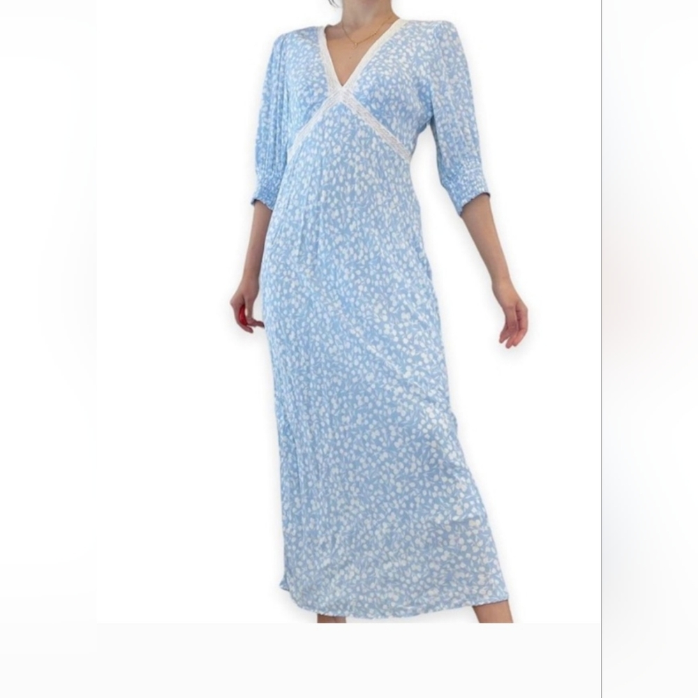RIXO for Target Floral Maxi Dress Size 14 Puff Sleeve Blue White Lined Spring